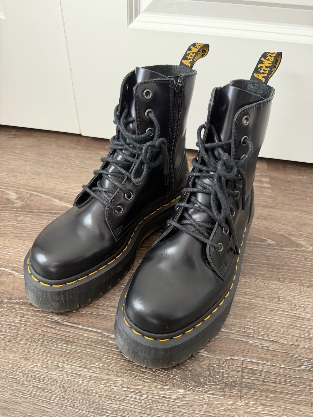 Dr. Martens Black Leather Lace-Up Platform Boots with Yellow Stitching